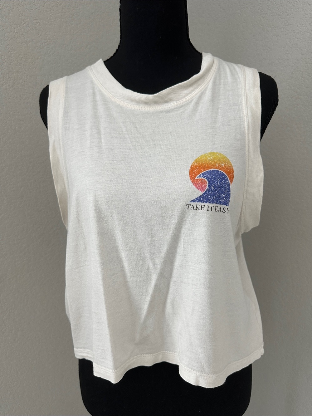 Spiritual Gangster White Cropped Tank with Blue Wave and Orange Sun Graphic